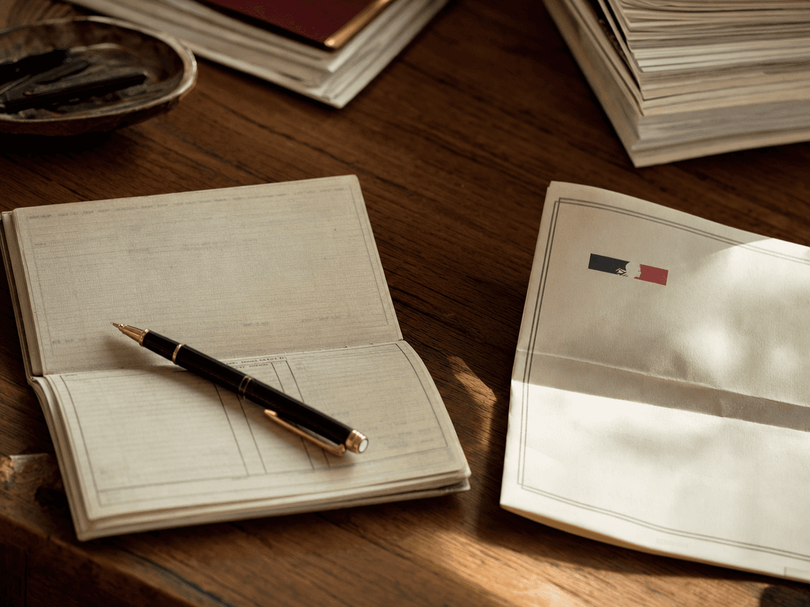 Un carnet de chèques ouvert sur une table en bois, stylo posé en travers, à côté d'un avis d'imposition plié en deux dont on ne distingue que le logo officiel, lumière de fin de matinée rasant la surface.