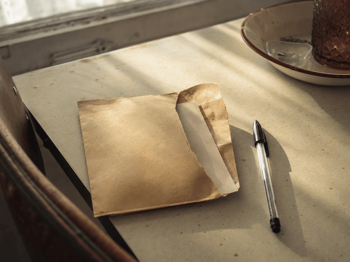 Une enveloppe kraft décachetée posée sur une table en formica usé, à côté d'un stylo bille dont le capuchon a été remis de travers, dans la lumière oblique d'une fenêtre de cuisine.